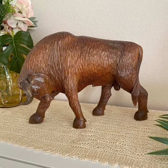 Other - Wood Carved Charging Bull Figurine
